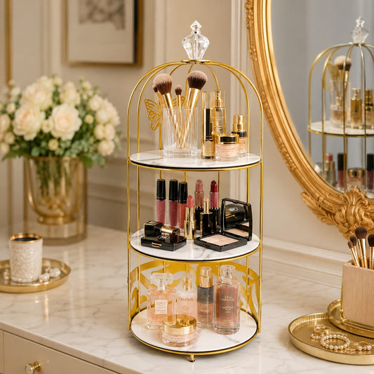 3 Layers Cage Cosmetics Storage Organizer – Multi-Tier Makeup & Skincare Storage Rack for Vanity, Bathroom & Dressing Table