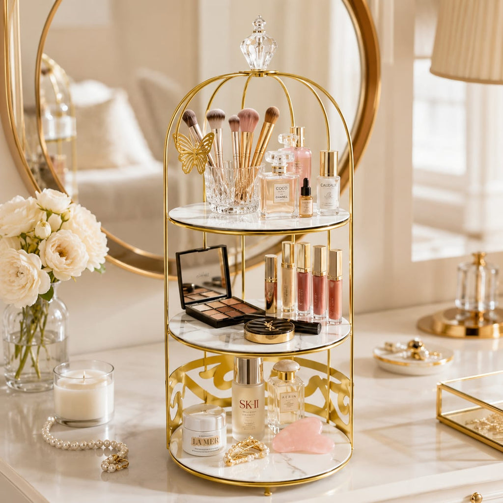 3 Layers Cage Cosmetics Storage Organizer – Multi-Tier Makeup & Skincare Storage Rack for Vanity, Bathroom & Dressing Table