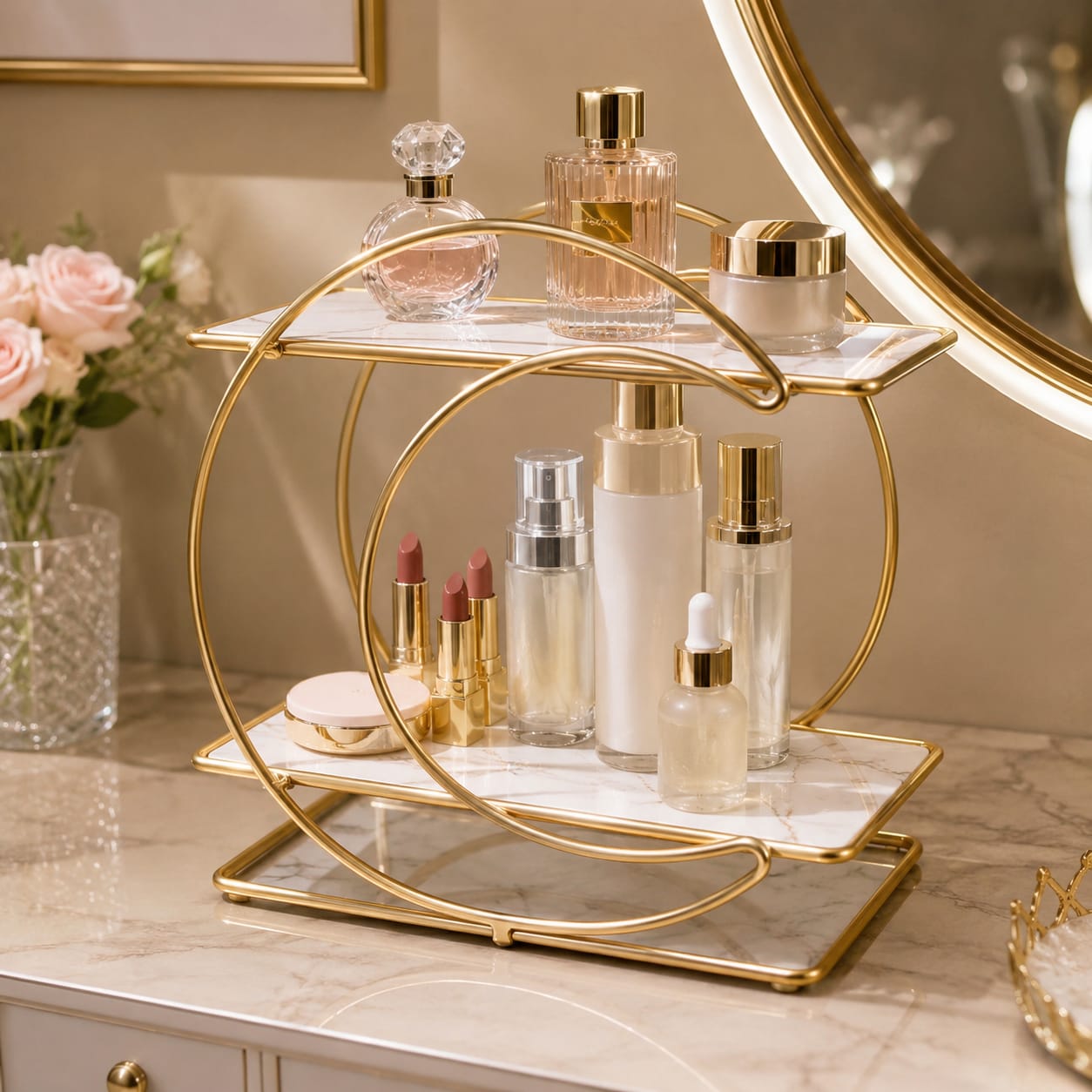 Hafsa Moon Shape 2 Layers Organizer – Elegant Multi-Purpose Storage Shelf for Makeup, Cosmetics & Accessories