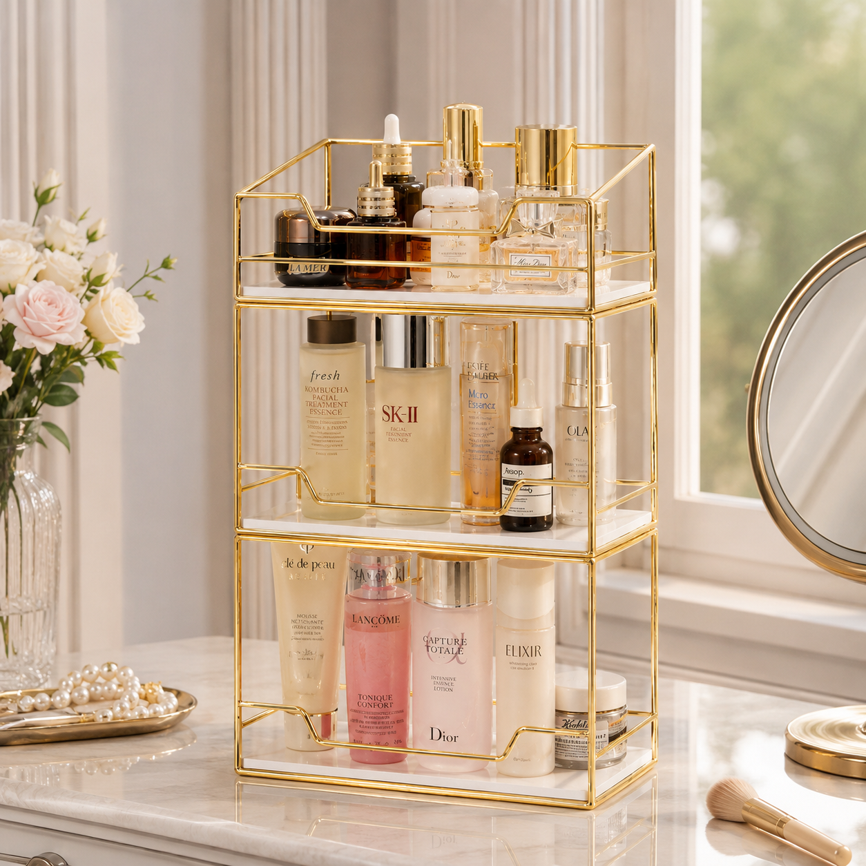 Luxury 3 Tier Golden Cosmetic & Skincare Organizer Rack
