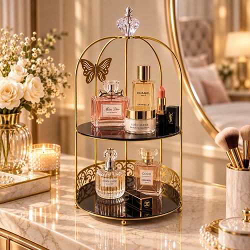 Butterfly 2 Layers Vanity Cage Organizer – Elegant Gold Makeup & Perfume Storage Stand
