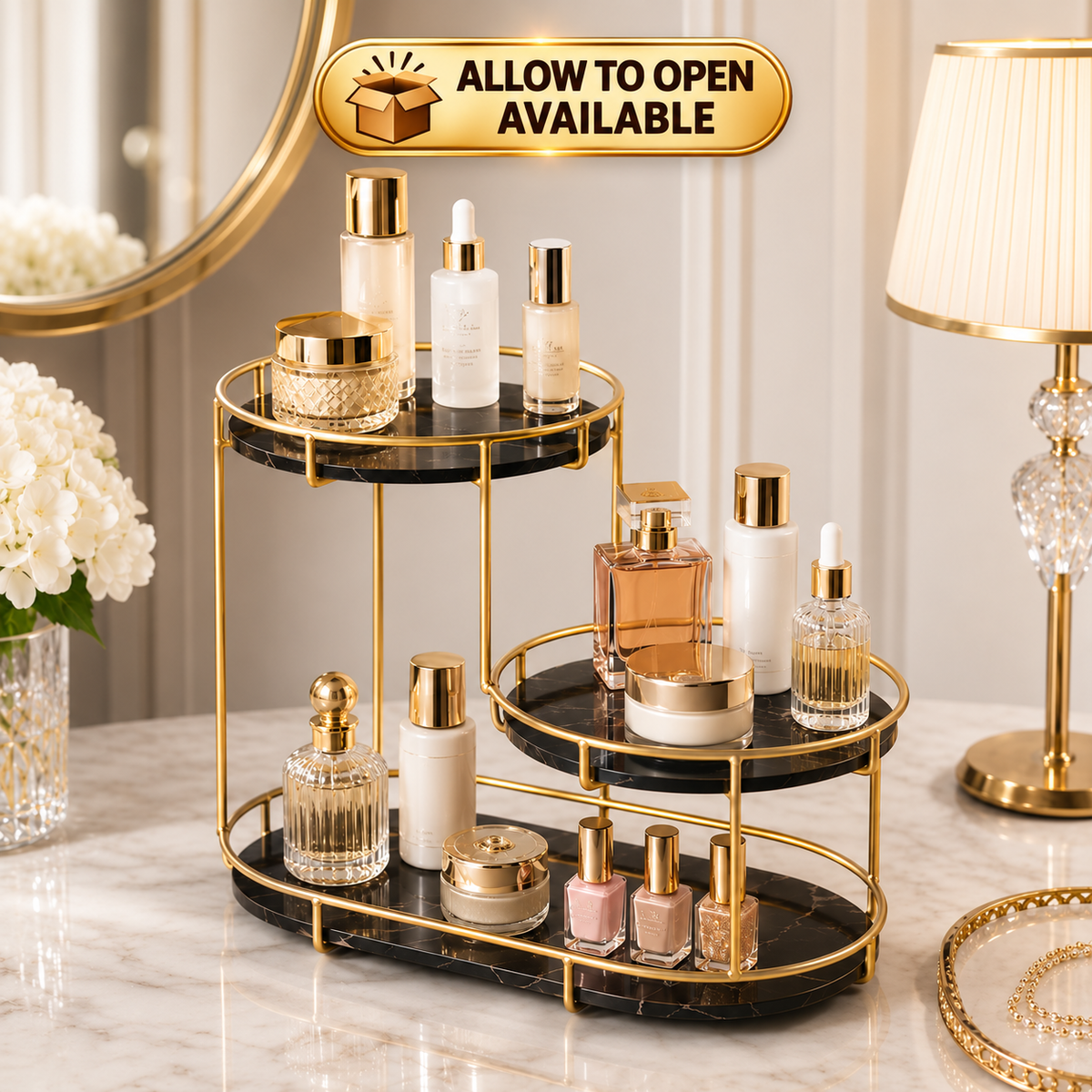 Luxury 3-Tier Gold Cosmetic Organizer Tray – Marble Makeup & Perfume Display Stand