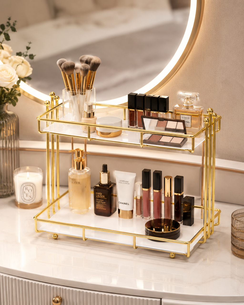 Luxury 2-Tier Gold Cosmetic Organizer Stand – White Tray Makeup & Skincare Rack