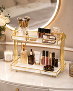 Luxury 2-Tier Gold Cosmetic Organizer Stand – White Tray Makeup & Skincare Rack