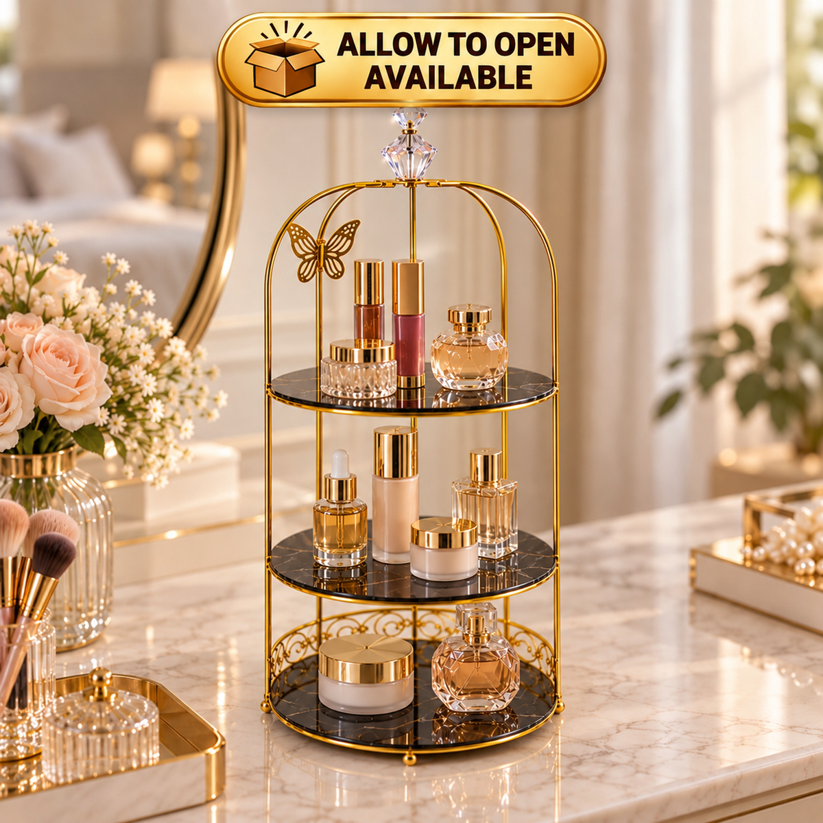 Butterfly 3 Layers Cosmetics Cage Organizer – Elegant Rotating Makeup & Jewelry Storage Rack