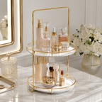Luxury 2 Tier Black Marble Cosmetic Organizer Tray with Golden Stand