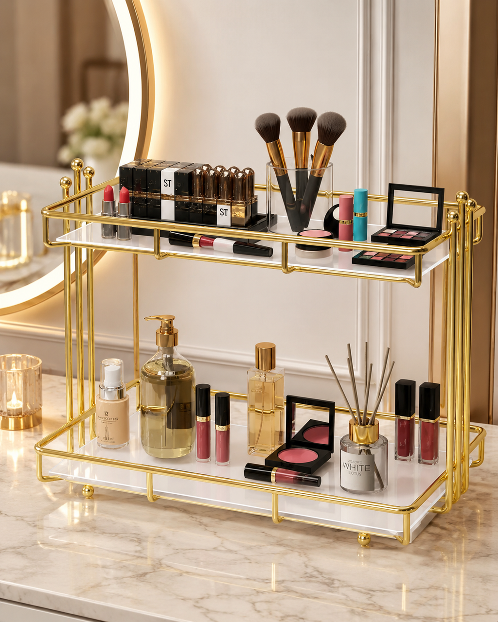 Luxury 2-Tier Gold Cosmetic Organizer Stand – White Tray Makeup & Skincare Rack