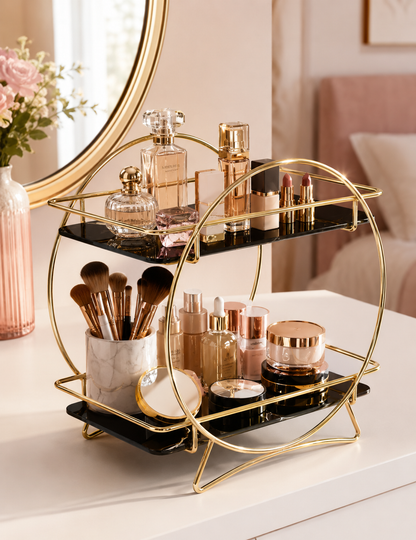 Luxury 2-Tier Golden Round Frame Cosmetic & Makeup Organizer