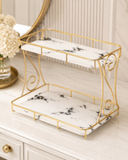 Luxury 2-Tier Marble Cosmetic Organizer Stand – Gold Frame Vanity Shelf
