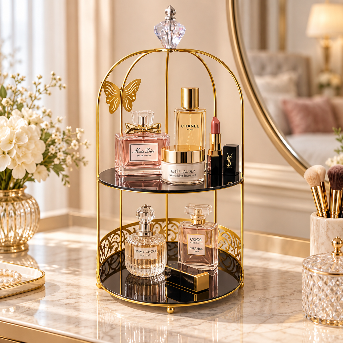 Butterfly 2 Layers Vanity Cage Organizer – Elegant Gold Makeup & Perfume Storage Stand