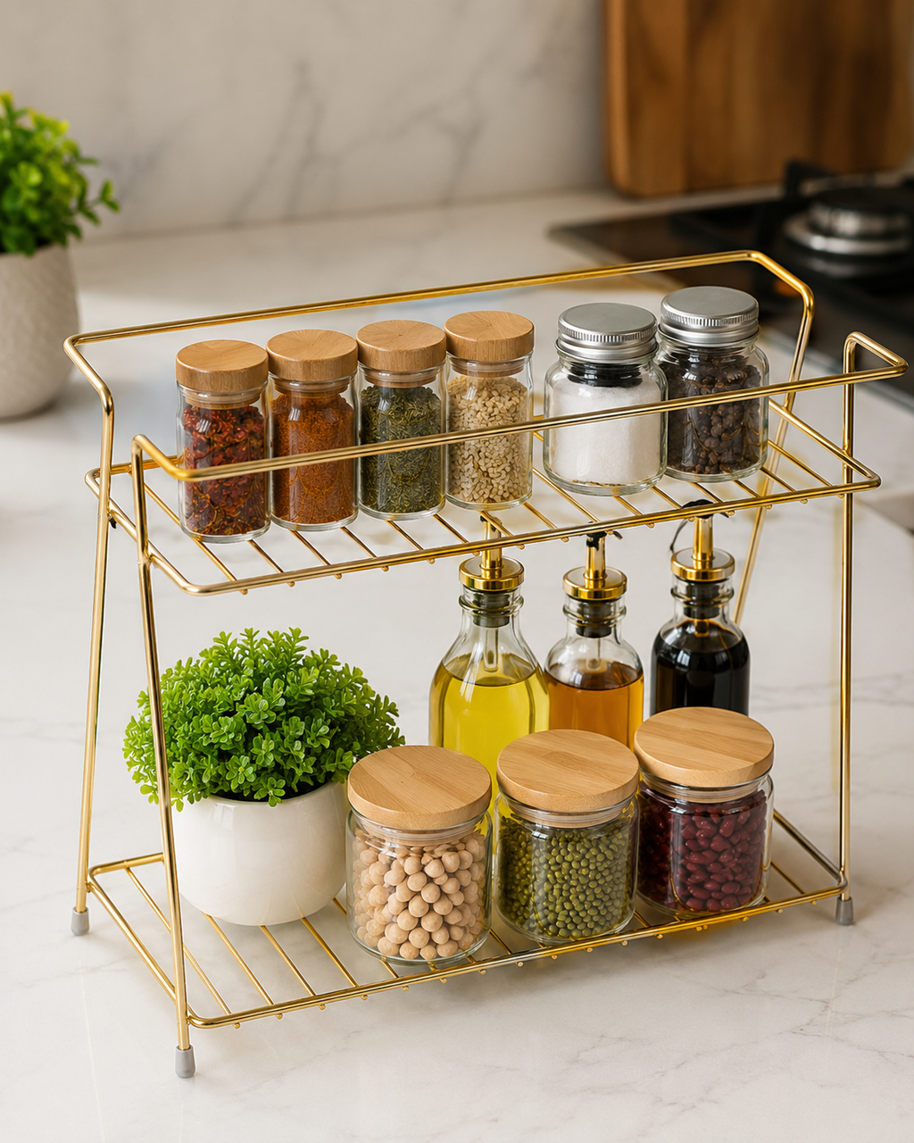 2-Tier Golden Kitchen Organizer Rack – Multipurpose Countertop Storage Shelf