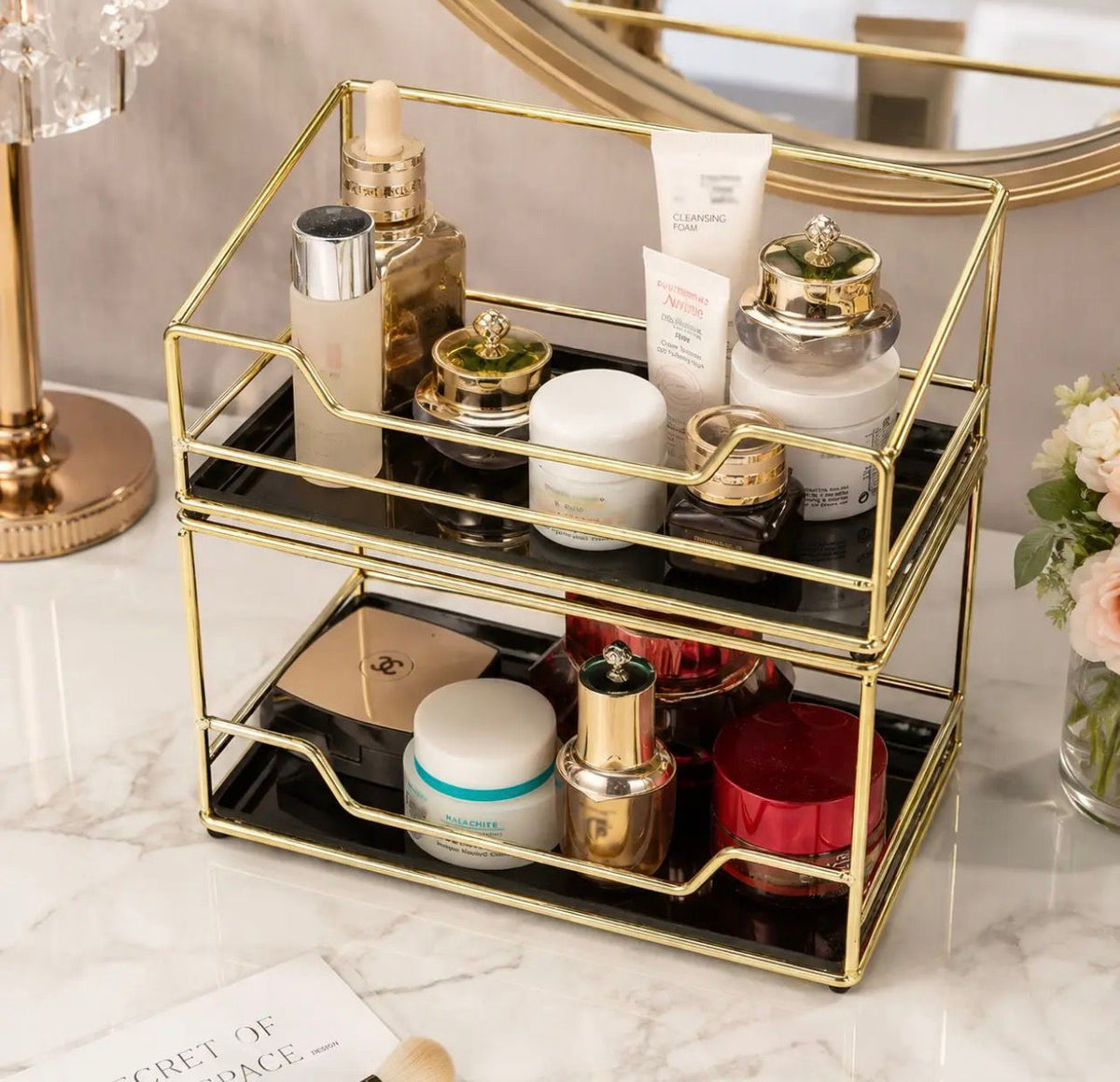 2-Tier Luxury Golden Cosmetic Organizer with Trays