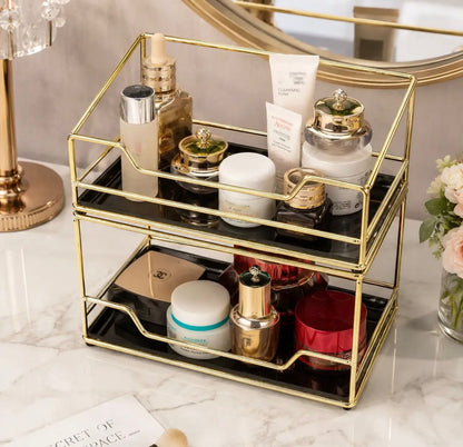2-Tier Luxury Golden Cosmetic Organizer with Trays