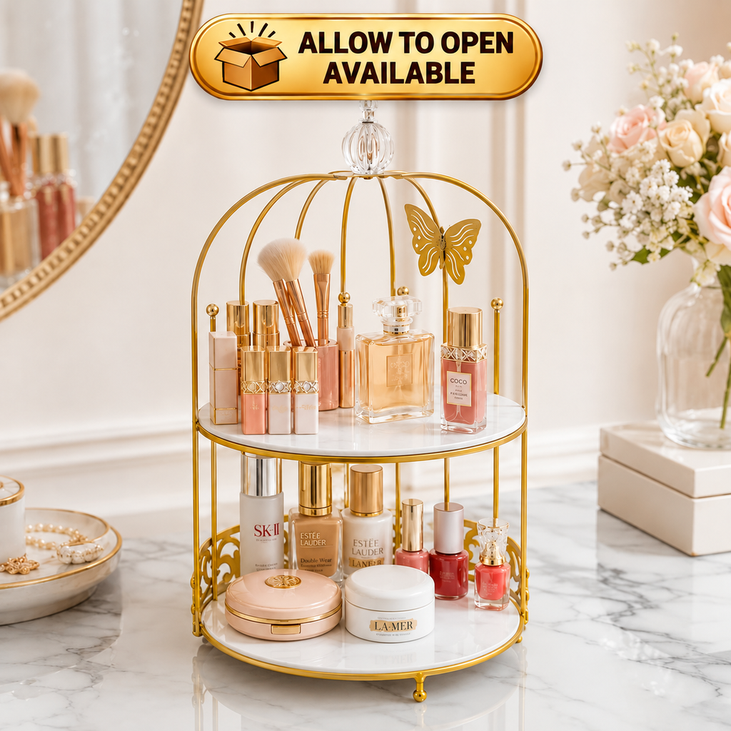 Butterfly 2 Layers Vanity Cage Organizer – Luxury Gold Makeup & Perfume Storage Stand