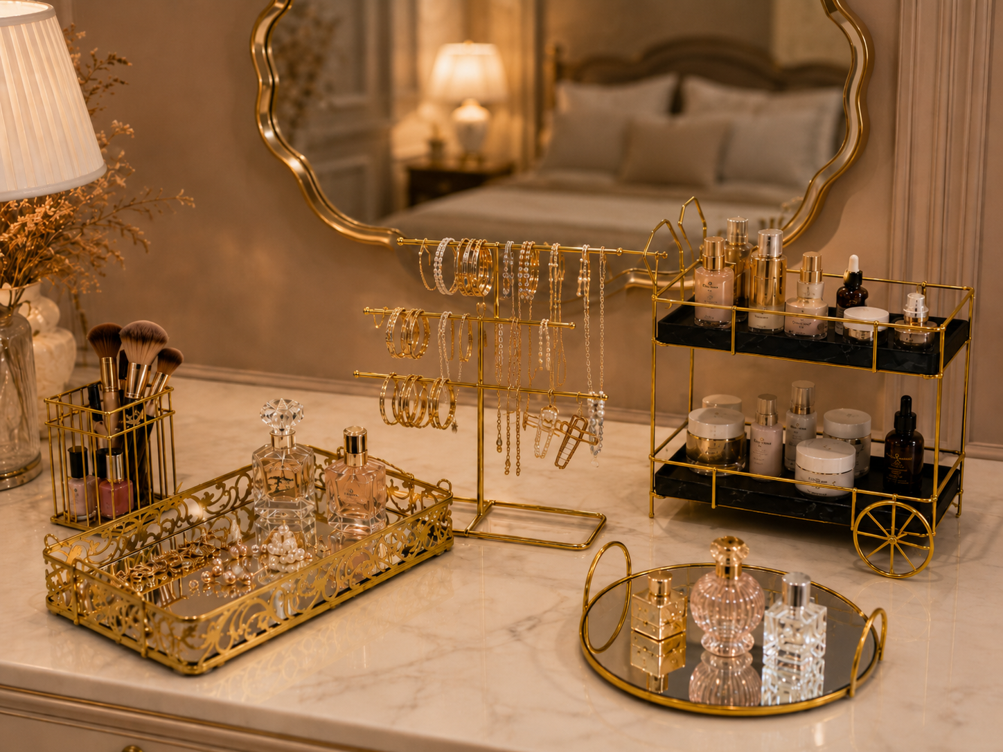Deal No 5 Luxury Gold Vanity Organizer – 5 Pcs Makeup & Jewelry Storage Set