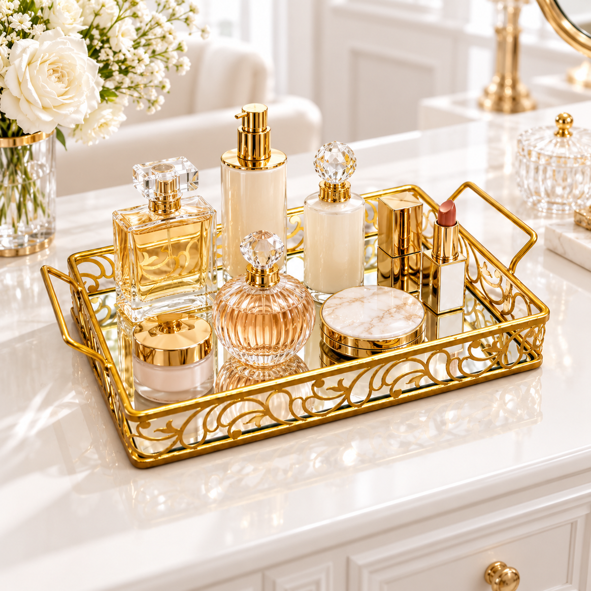 Luxury Golden Mirror Cosmetic Organizer Tray