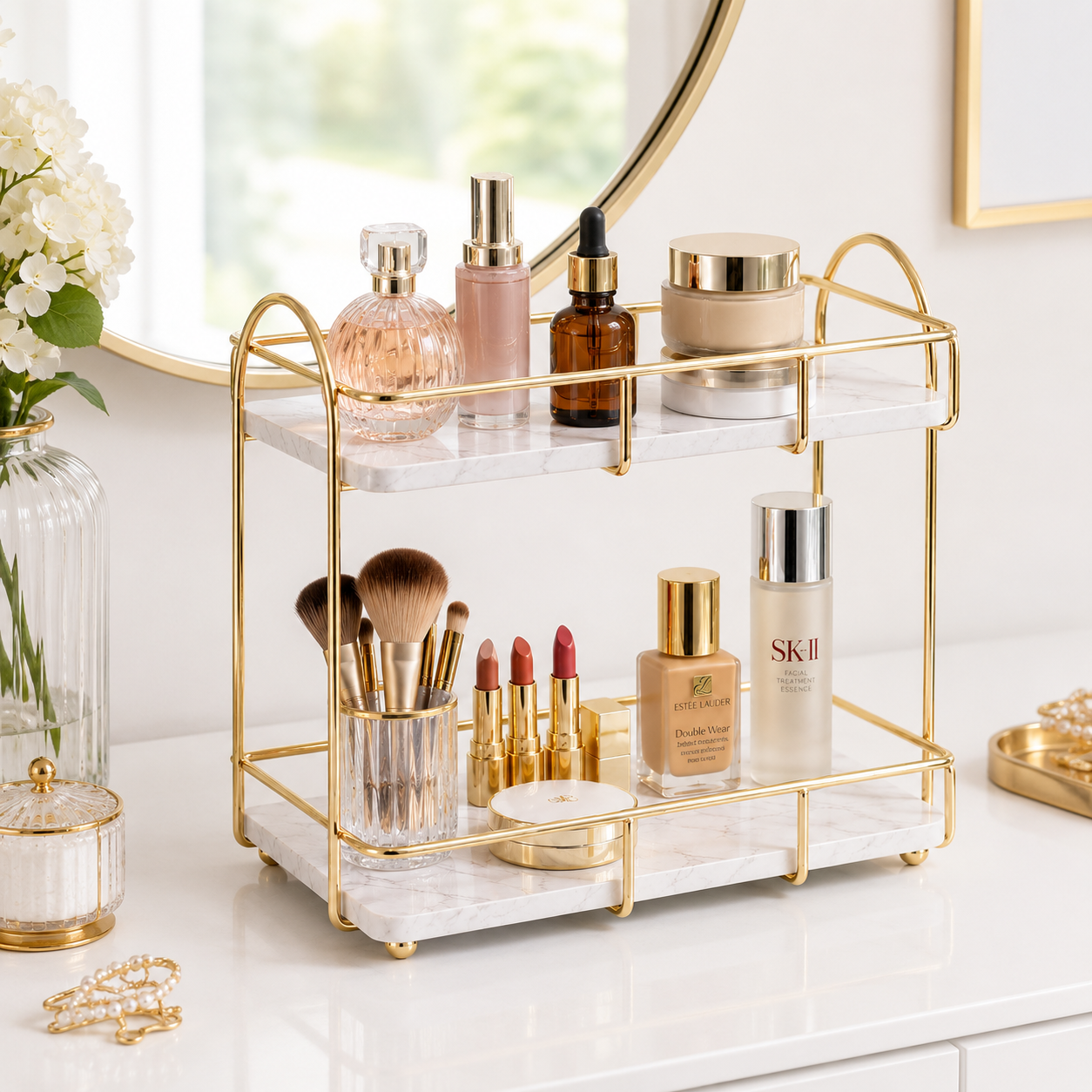Luxury 2-Tier Golden Cosmetic & Makeup Organizer Rack