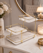 Luxury 3-Tier Marble Cosmetic Organizer Stand – Gold Frame Vanity Shelf