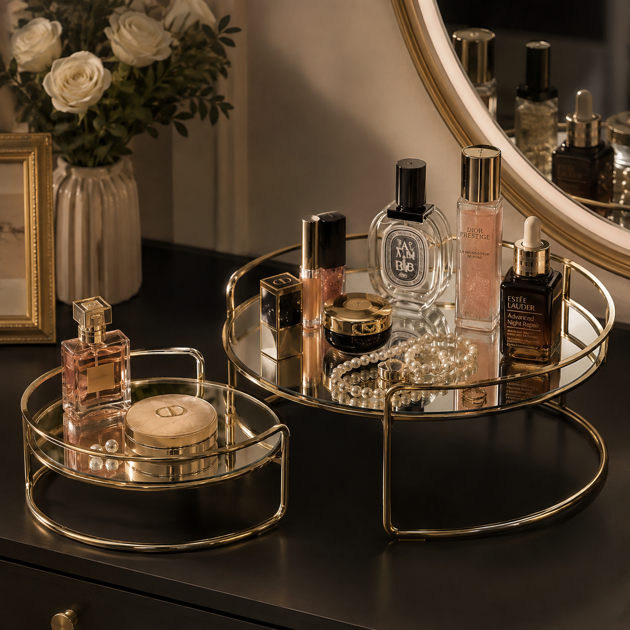 Luxury Golden Round Mirror Cosmetic & Jewelry Organizer Tray Set