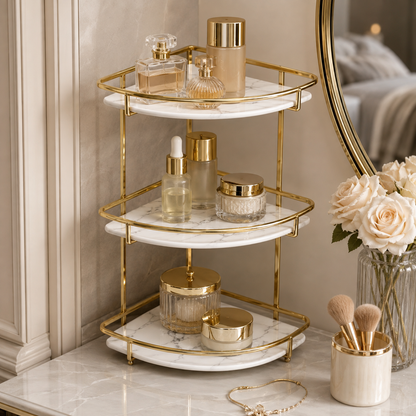 Luxury 3 Tier Golden Corner Organizer Rack – Bathroom & Vanity Storage Shelf