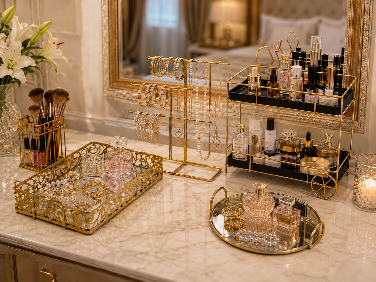 Deal No 5 Luxury Gold Vanity Organizer – 5 Pcs Makeup & Jewelry Storage Set