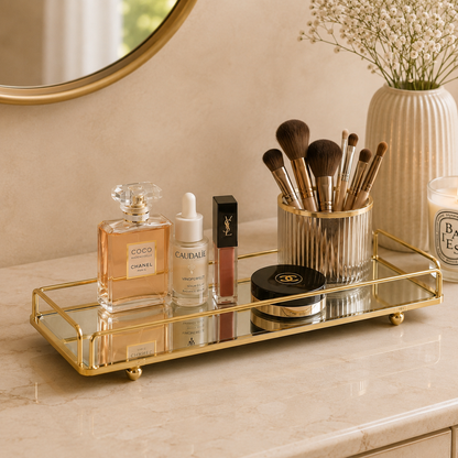Cosmetics Organizer Tray with Mirror – Elegant Vanity Storage & Decorative Serving Tray for Food Display