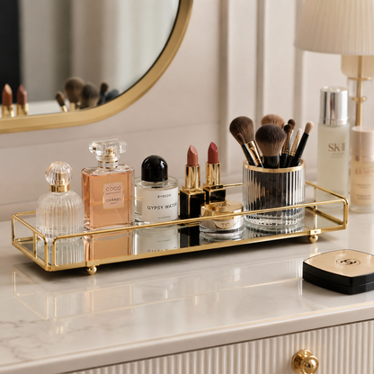Cosmetics Organizer Tray with Mirror – Elegant Vanity Storage & Decorative Serving Tray for Food Display