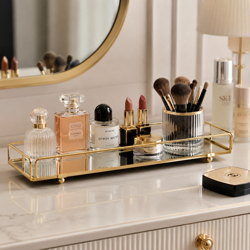 Cosmetics Organizer Tray with Mirror – Elegant Vanity Storage & Decorative Serving Tray for Food Display