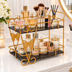 Luxury 2-Tier Golden Butterfly Cosmetic Organizer with Marble Style Trays