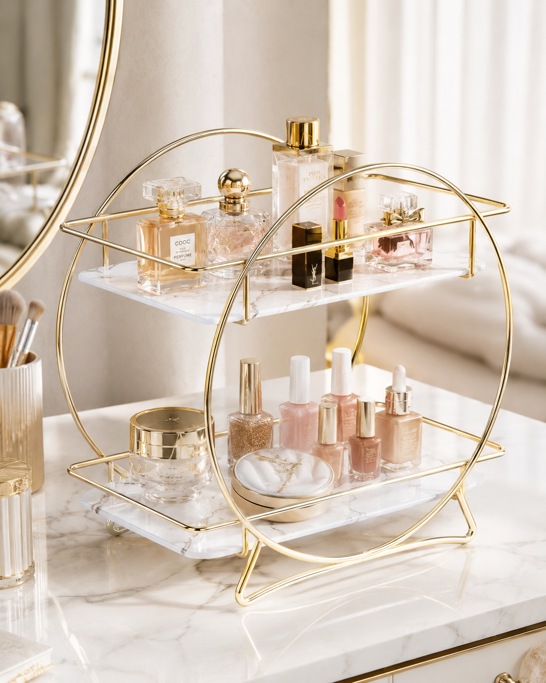 Luxury 2-Tier Round Frame Cosmetic Organizer Stand – Gold Metal Vanity Shelf