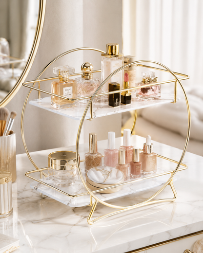 Luxury 2-Tier Gold  Makeup & Skincare Organizer Rack for Bathroom Countertop