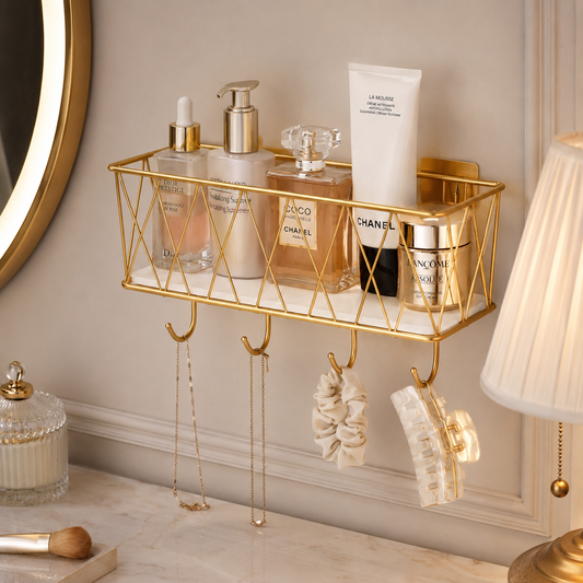 Luxury Gold Wall Mounted Cosmetic Organizer Shelf with Hooks