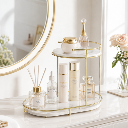 Luxury 2-Tier Golden Marble Cosmetic Organizer Stand