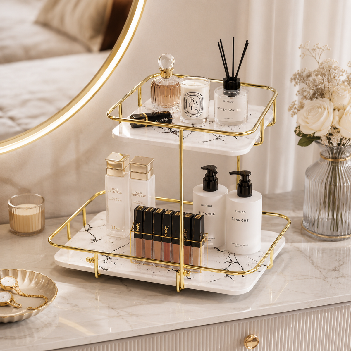 Luxury 2-Tier Golden Marble Cosmetic Organizer Rack