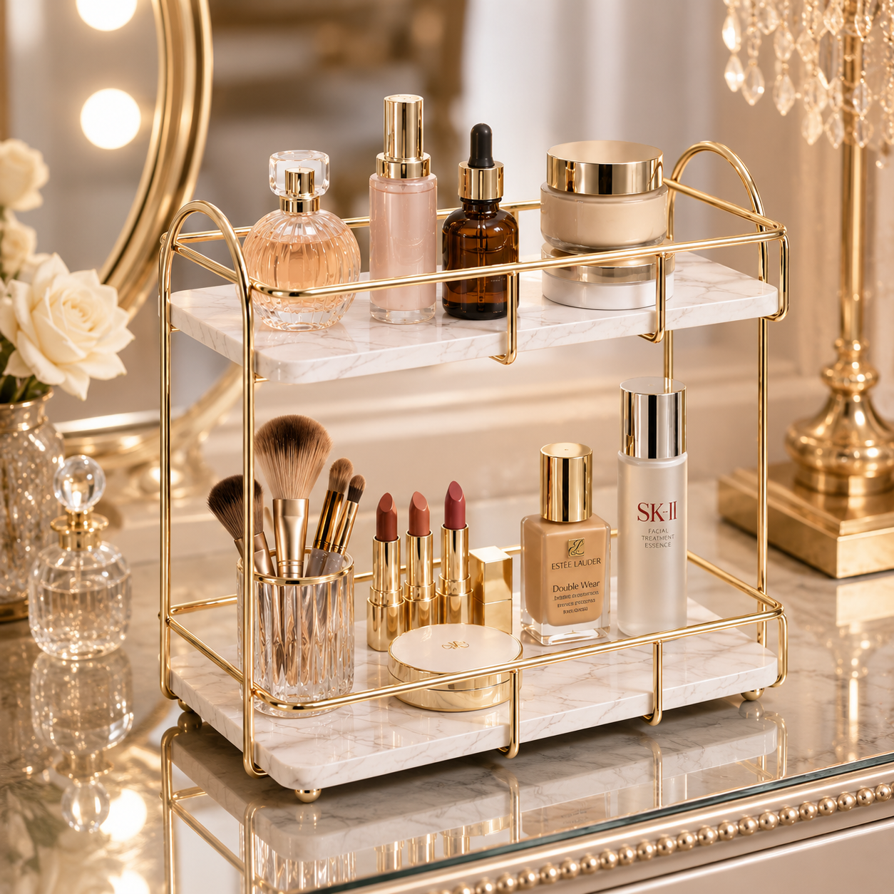 Luxury 2-Tier Golden Cosmetic & Makeup Organizer Rack