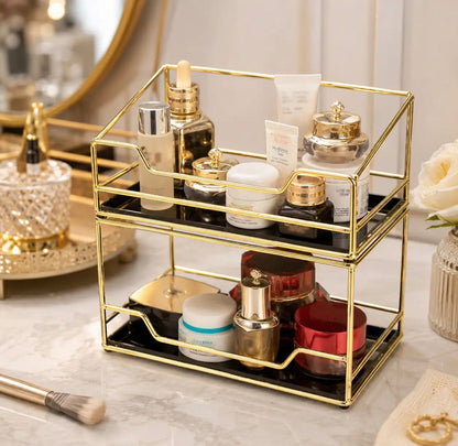 2-Tier Luxury Golden Cosmetic Organizer with Trays
