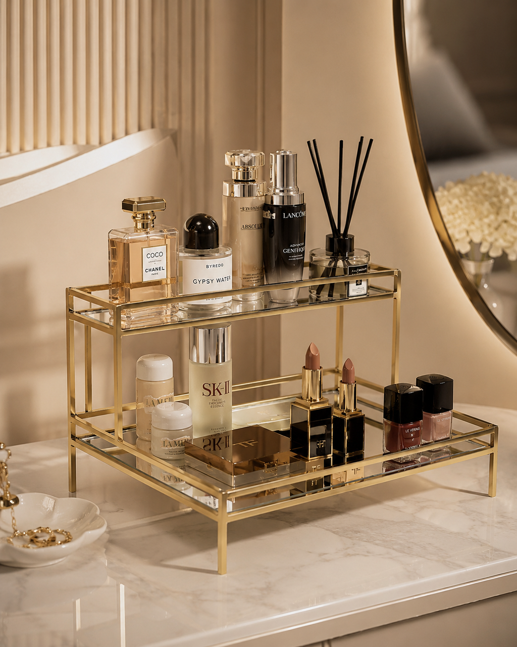 Luxury 2-Tier Gold Mirror Cosmetic Organizer Tray – Vanity Makeup & Perfume Stand