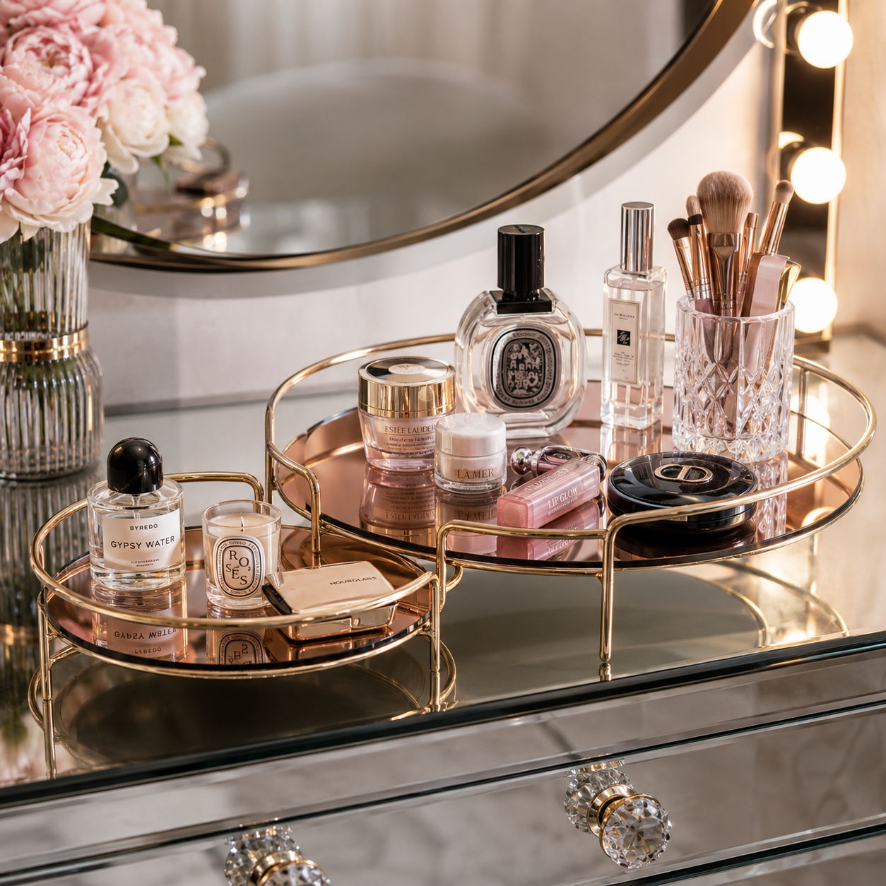 Luxury Golden Round Mirror Cosmetic & Jewelry Organizer Tray Set