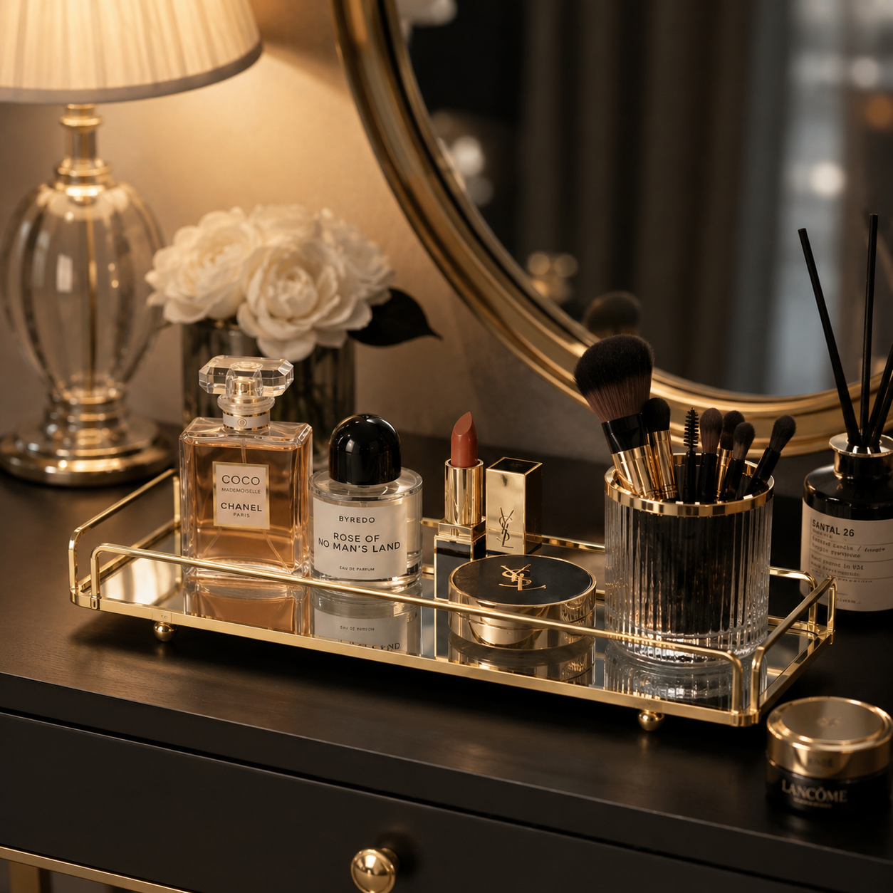 Cosmetics Organizer Tray with Mirror – Elegant Vanity Storage & Decorative Serving Tray for Food Display
