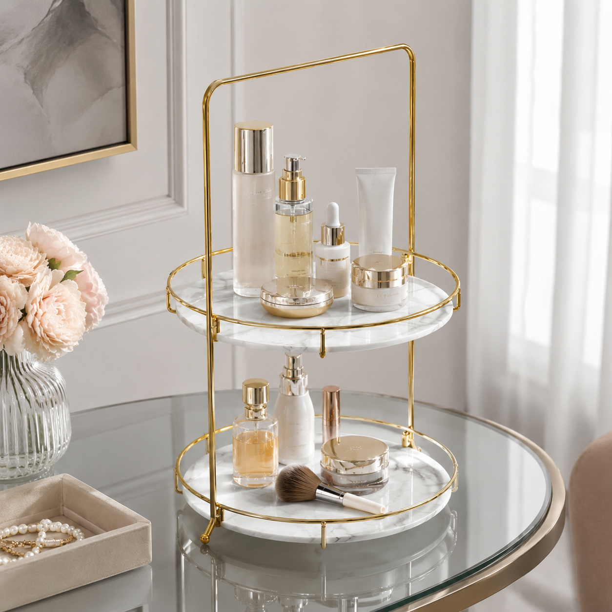 Luxury 2 Tier Black Marble Cosmetic Organizer Tray with Golden Stand