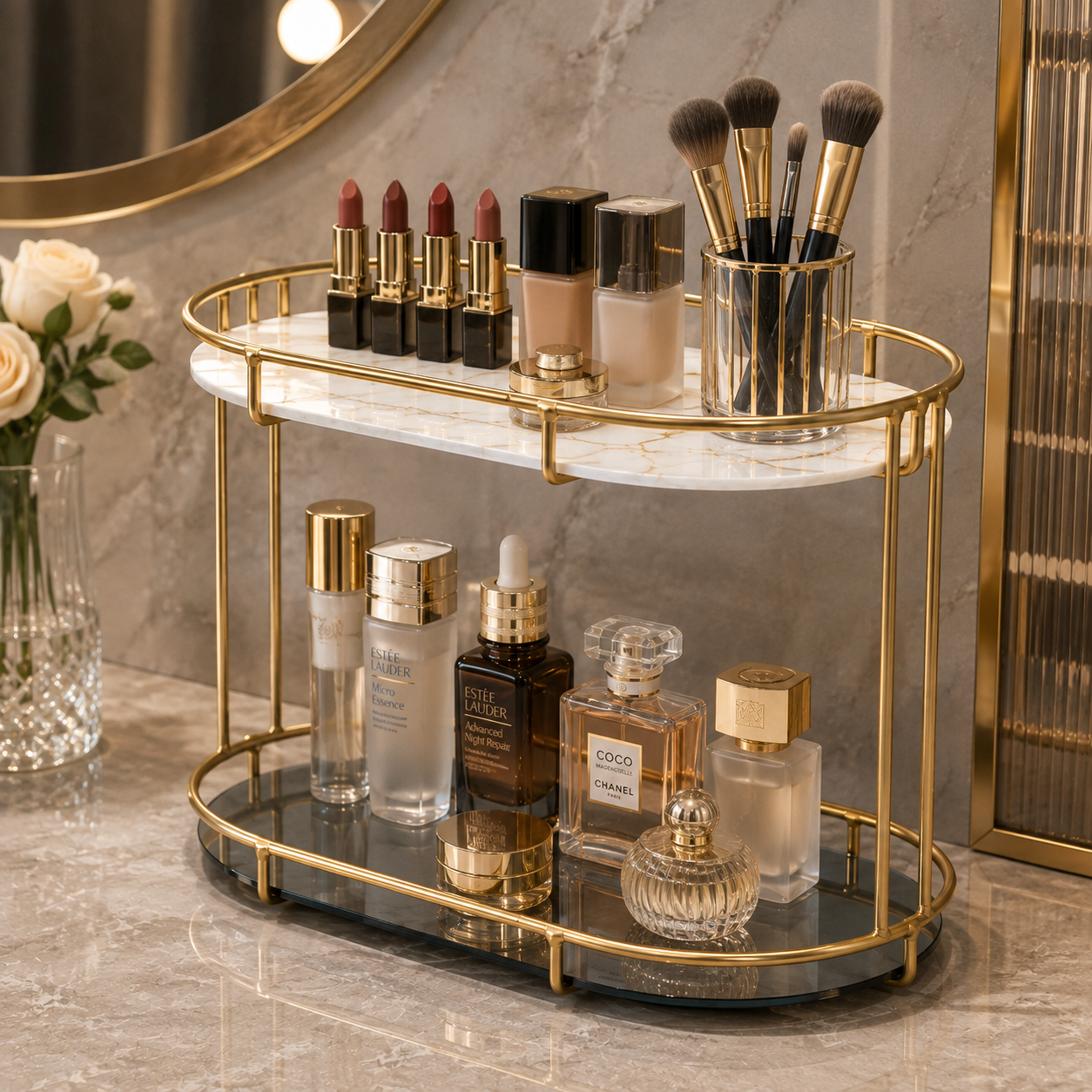 Luxury 2 Tier Golden Bathroom & Cosmetic Organizer Stand