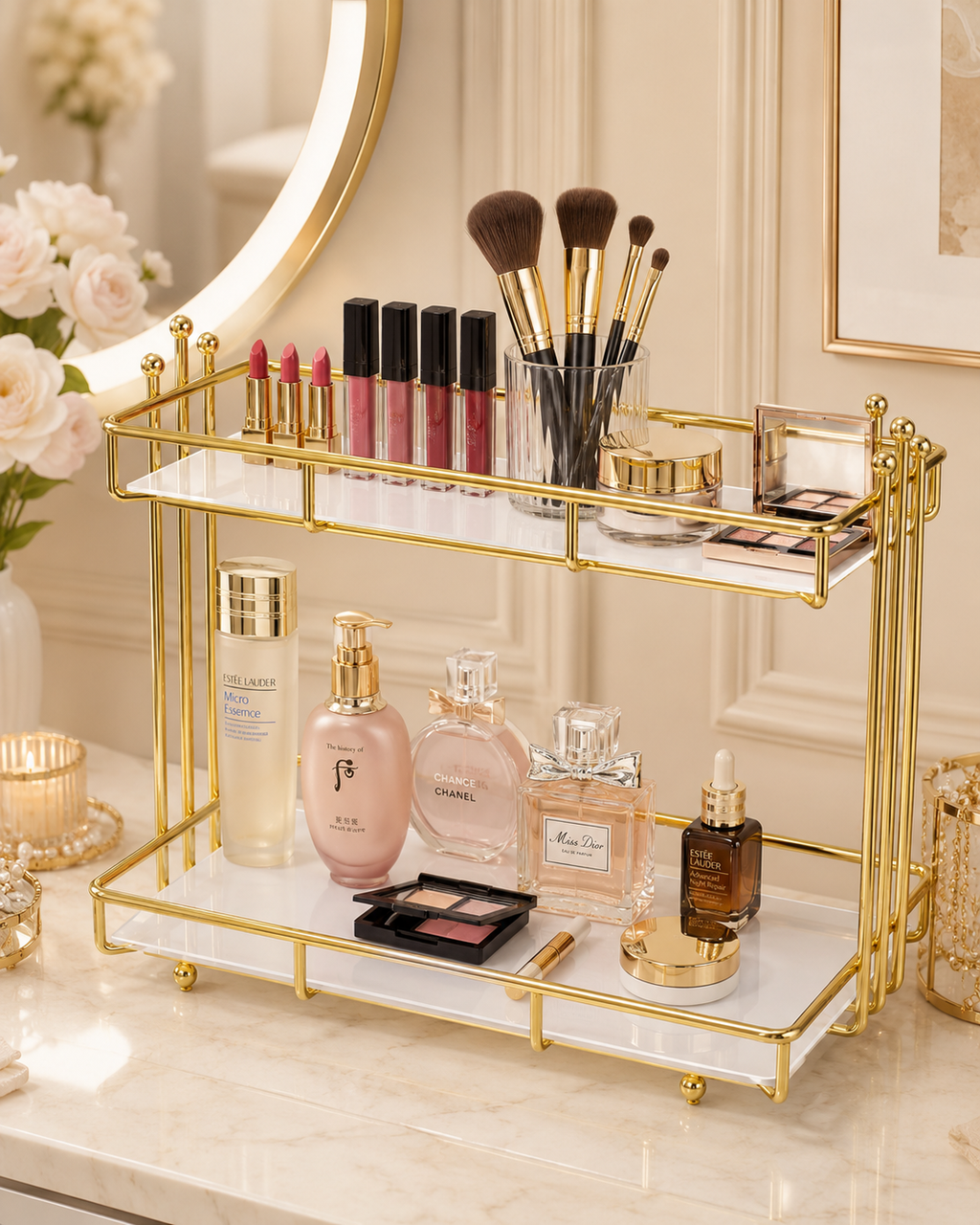 Luxury 2-Tier Gold Cosmetic Organizer Stand – White Tray Makeup & Skincare Rack