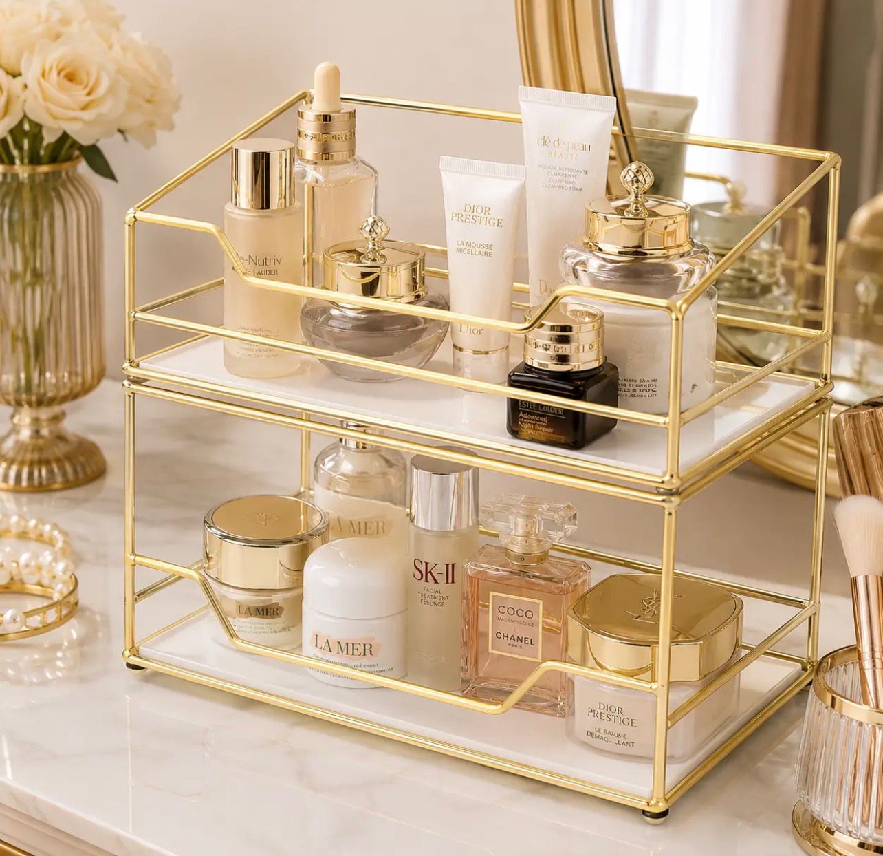 2-Tier Luxury Golden Cosmetic Organizer with Trays