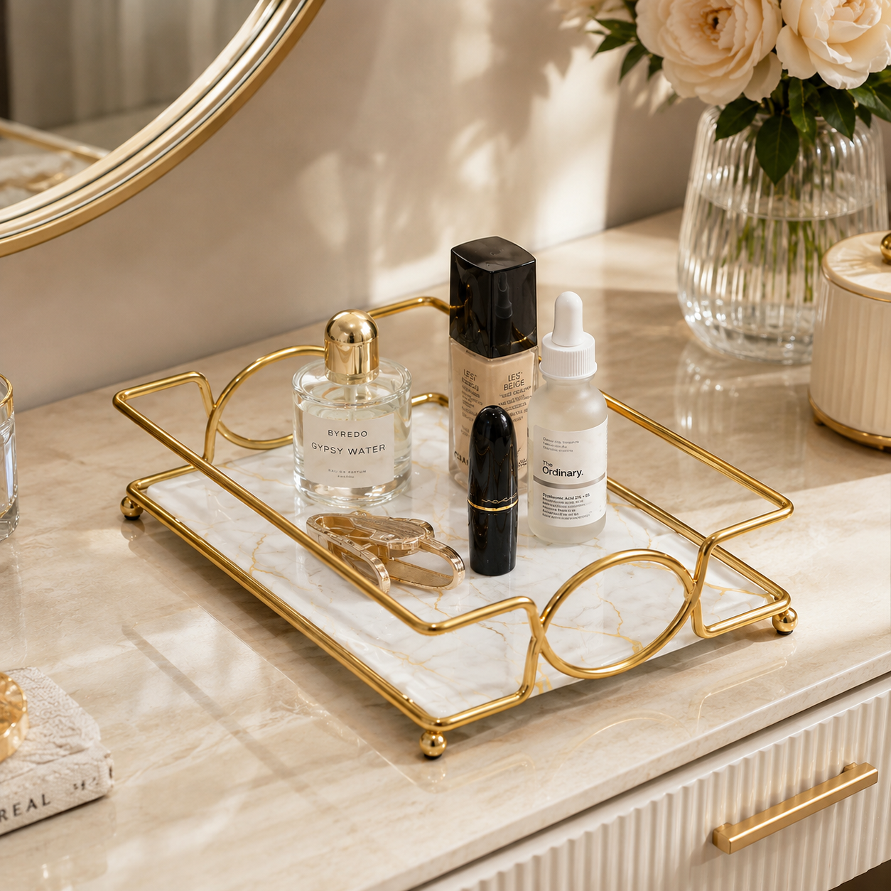 Luxury Golden Marble Vanity Tray – Cosmetic & Perfume Organizer