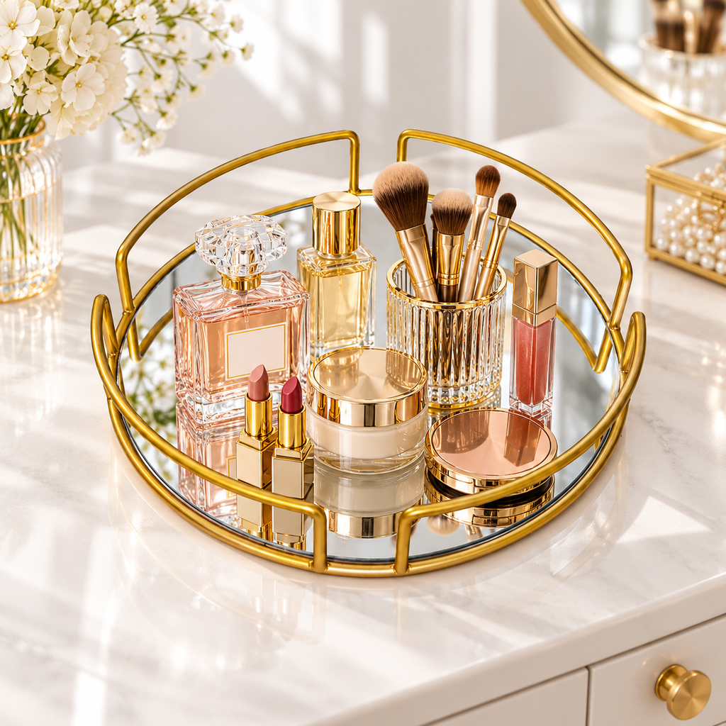 Luxury Gold Round Mirror Cosmetic Organizer Tray