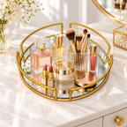 Luxury Gold Round Mirror Cosmetic Organizer Tray