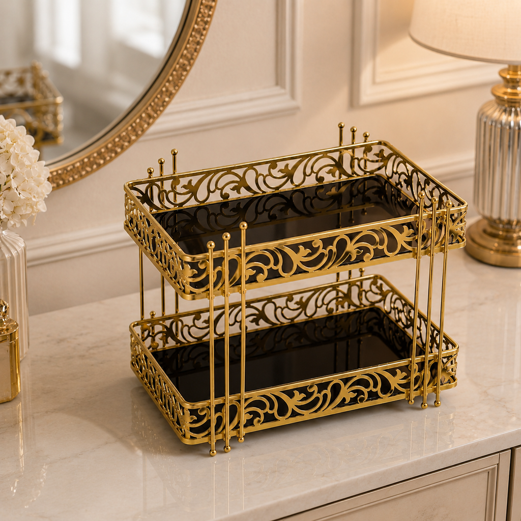 Luxury 2-Tier Gold Cosmetic Organizer Tray – White & Black Marble Design
