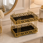 Luxury 2-Tier Gold Cosmetic Organizer Tray – White & Black Marble Design