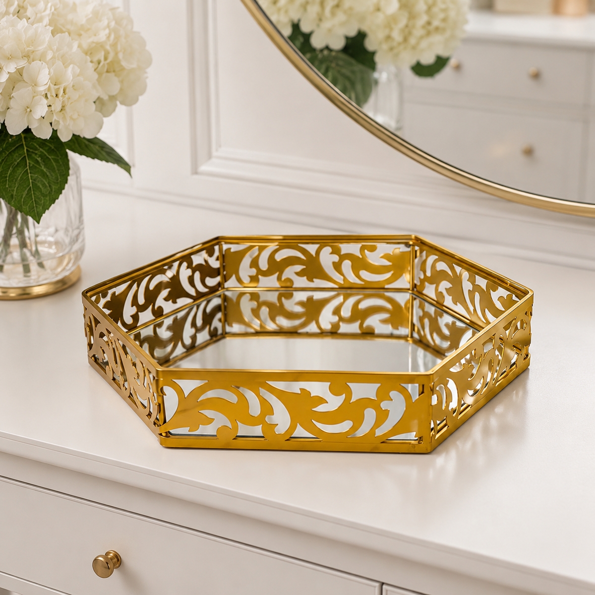 Hexagonal Cosmetics & Serving Mirror Tray – Luxury Vanity Organizer & Decorative Display Tray