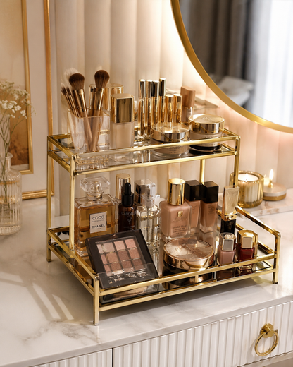 Gold Mirror Cosmetic Organizer Tray – Vanity Makeup & Perfume Stand